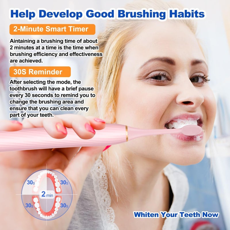 FXQQZZ Electric Toothbrush for Adults and Kids, with Tongue Scraper and Travel Case, 8 Brush Head, Smart Timer & 4 Modes Rechargeable Toothbrush, 42000 VPM Deep Clean, One Charge Last 90 Days - Rose - Image 4